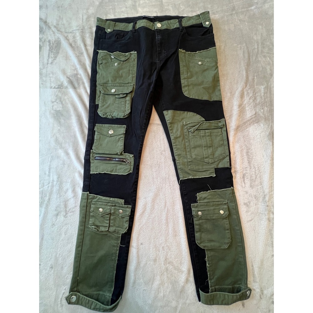 Embellish Cargo Pants Mens 40 Black Green Patchwork Multi-Pocket Jeans